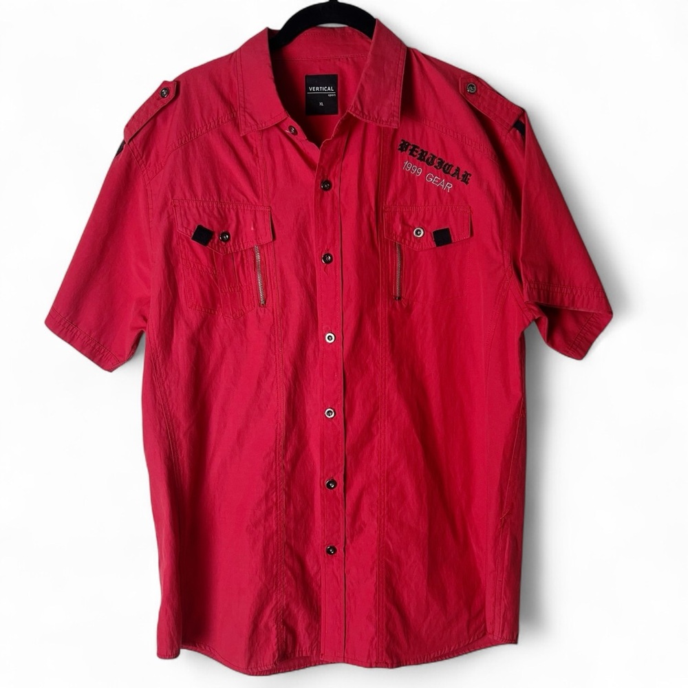 Vertical - Men’s Vintage Button Down Short Sleeve Shirt Red Retro 90s‎ - Sz. XL